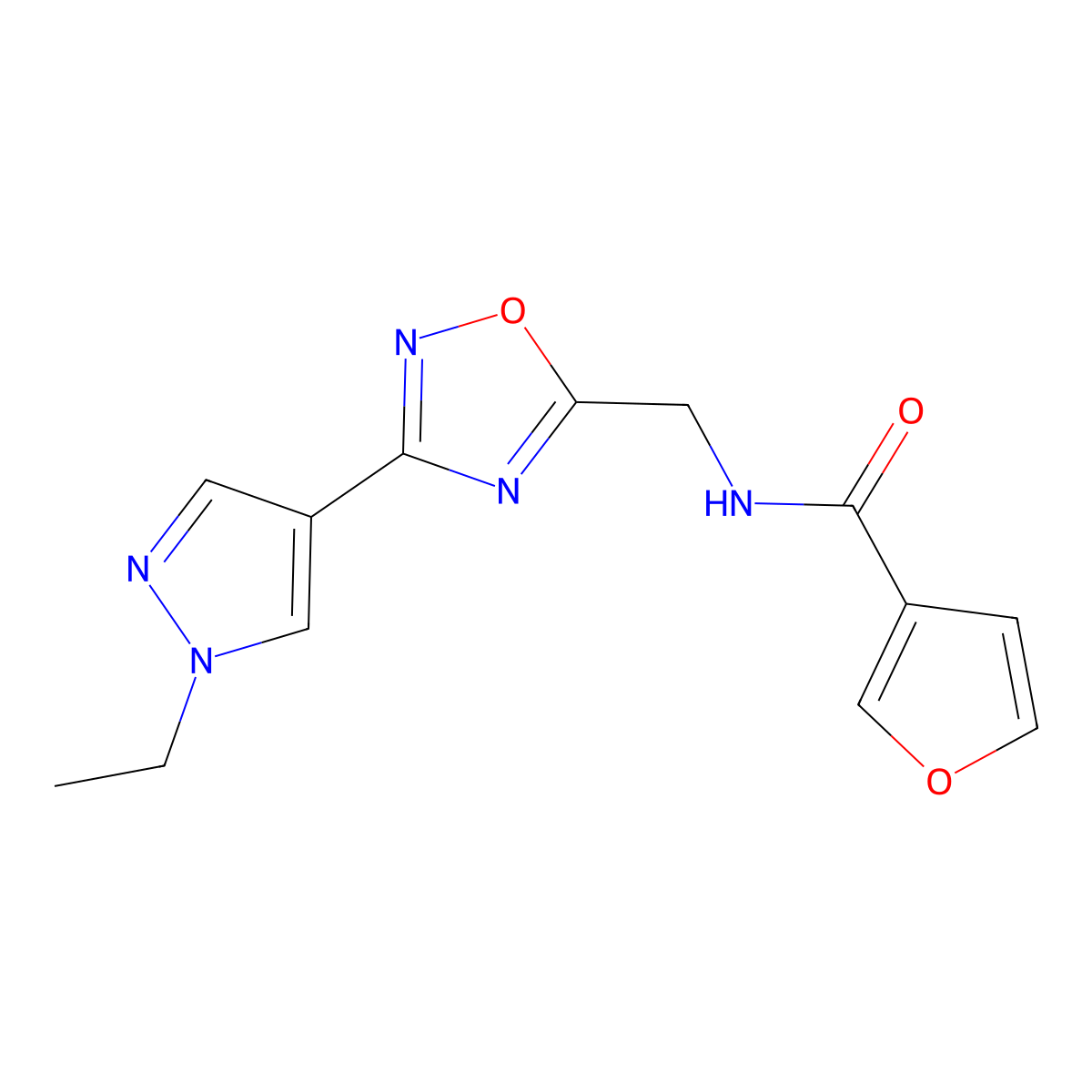 N-((3-(1-ethyl-1H-pyrazol-4-yl)-1,2,4-oxadiazol-5-yl)methyl)furan-3-carboxamide molecular structure, CAS 2034229-52-0