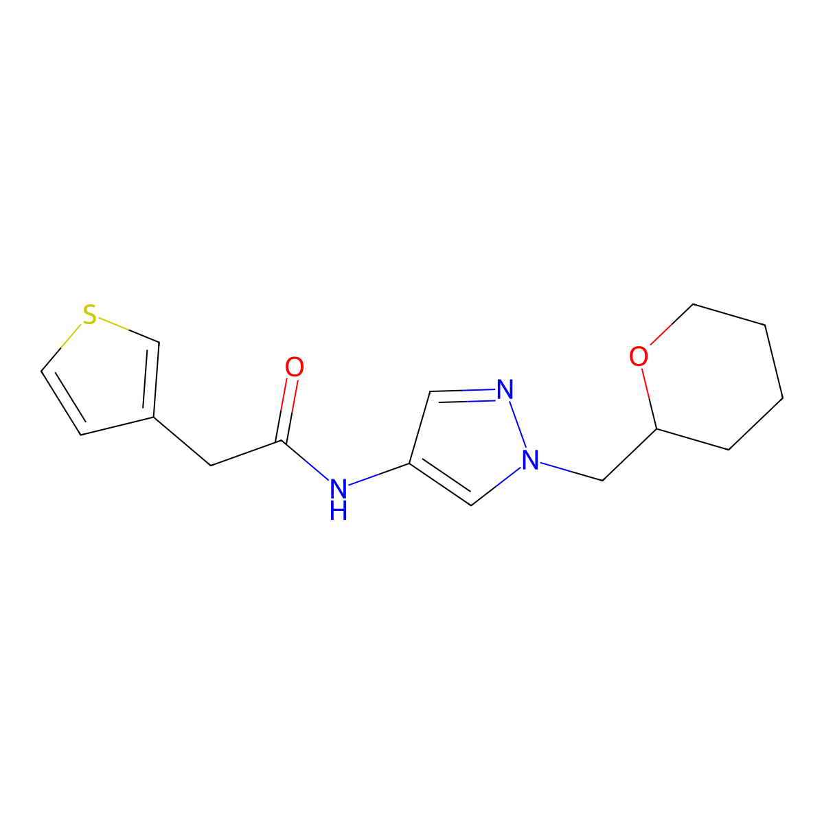 N-(1-((tetrahydro-2H-pyran-2-yl)methyl)-1H-pyrazol-4-yl)-2-(thiophen-3-yl)acetamide molecular structure, CAS 2034229-53-1