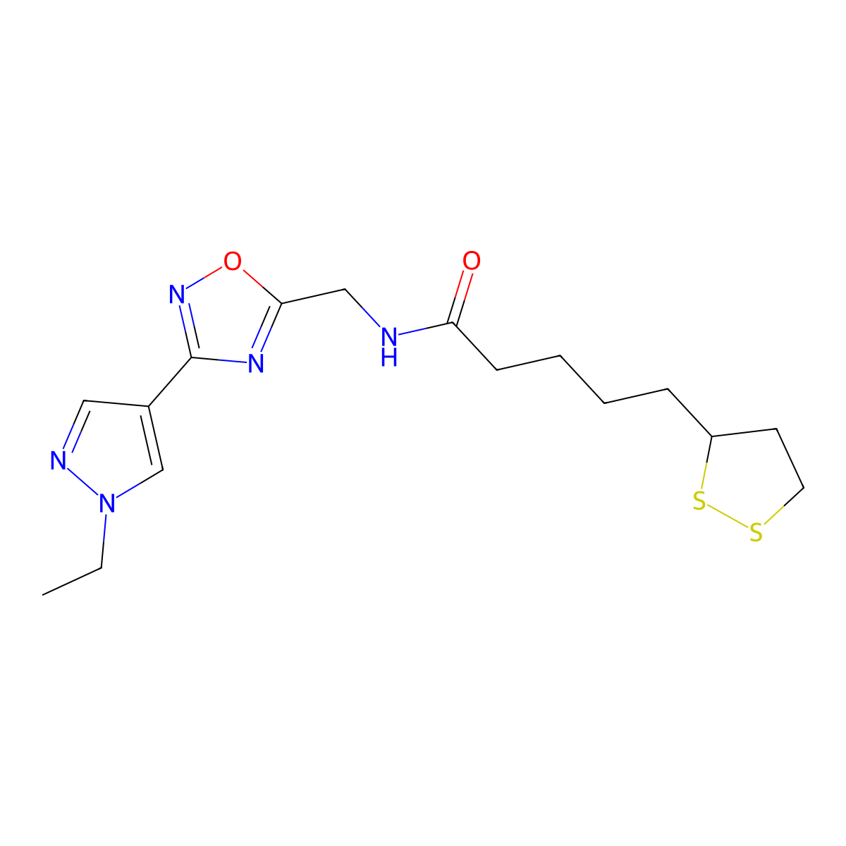 5-(1,2-dithiolan-3-yl)-N-((3-(1-ethyl-1H-pyrazol-4-yl)-1,2,4-oxadiazol-5-yl)methyl)pentanamide molecular structure, CAS 2034229-57-5