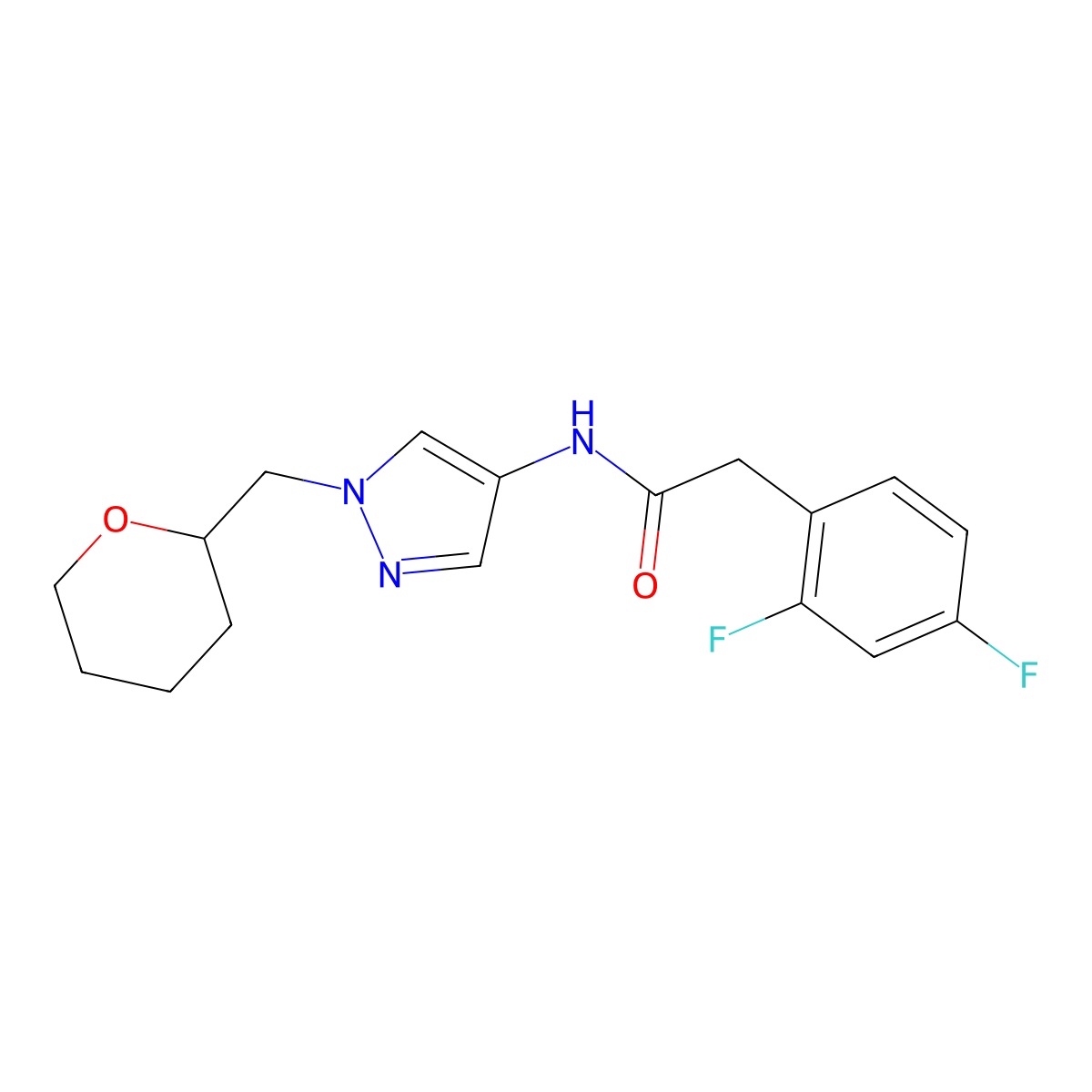 2-(2,4-difluorophenyl)-N-(1-((tetrahydro-2H-pyran-2-yl)methyl)-1H-pyrazol-4-yl)acetamide molecular structure, CAS 2034229-62-2