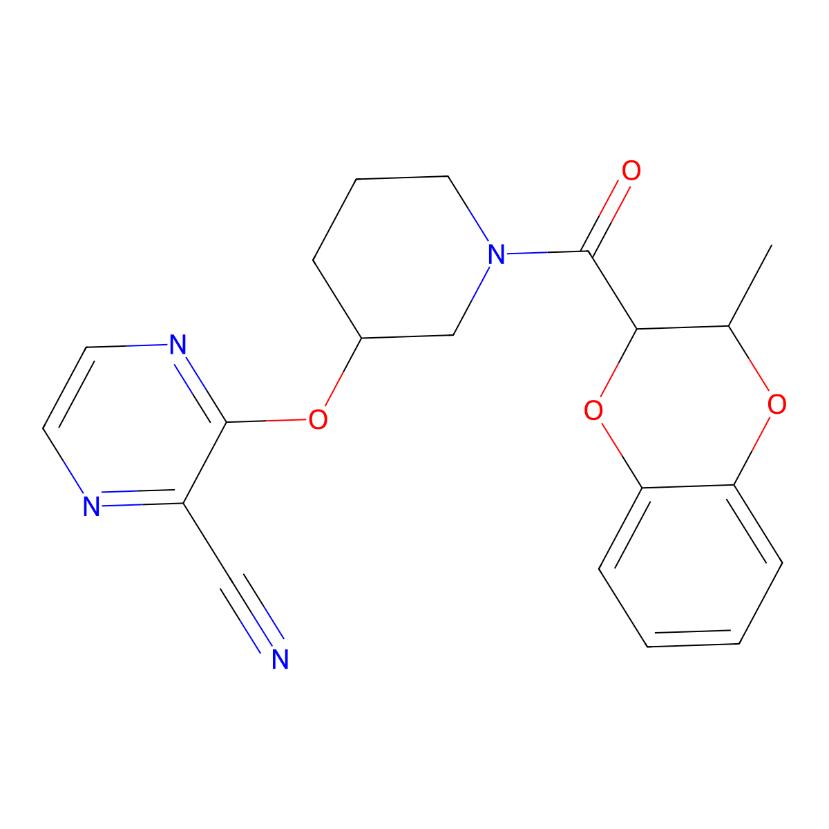 3-((1-(3-Methyl-2,3-dihydrobenzo[b][1,4]dioxine-2-carbonyl)piperidin-3-yl)oxy)pyrazine-2-carbonitrile molecular structure, CAS 2034229-65-5