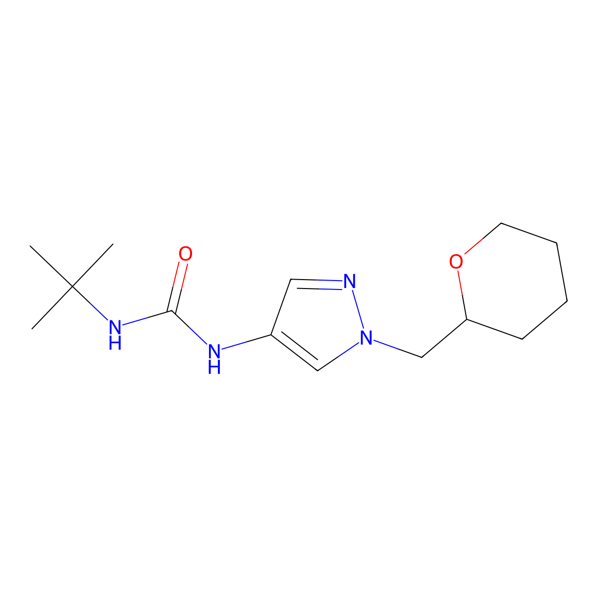1-(tert-butyl)-3-(1-((tetrahydro-2H-pyran-2-yl)methyl)-1H-pyrazol-4-yl)urea molecular structure, CAS 2034229-67-7