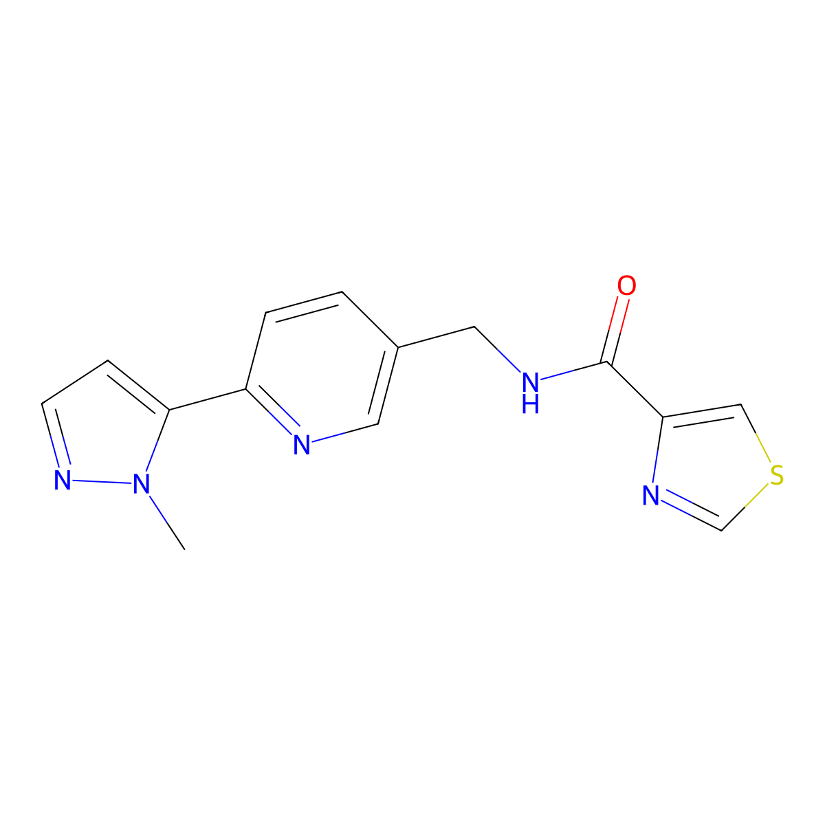 N-((6-(1-methyl-1H-pyrazol-5-yl)pyridin-3-yl)methyl)thiazole-4-carboxamide molecular structure, CAS 2034229-69-9