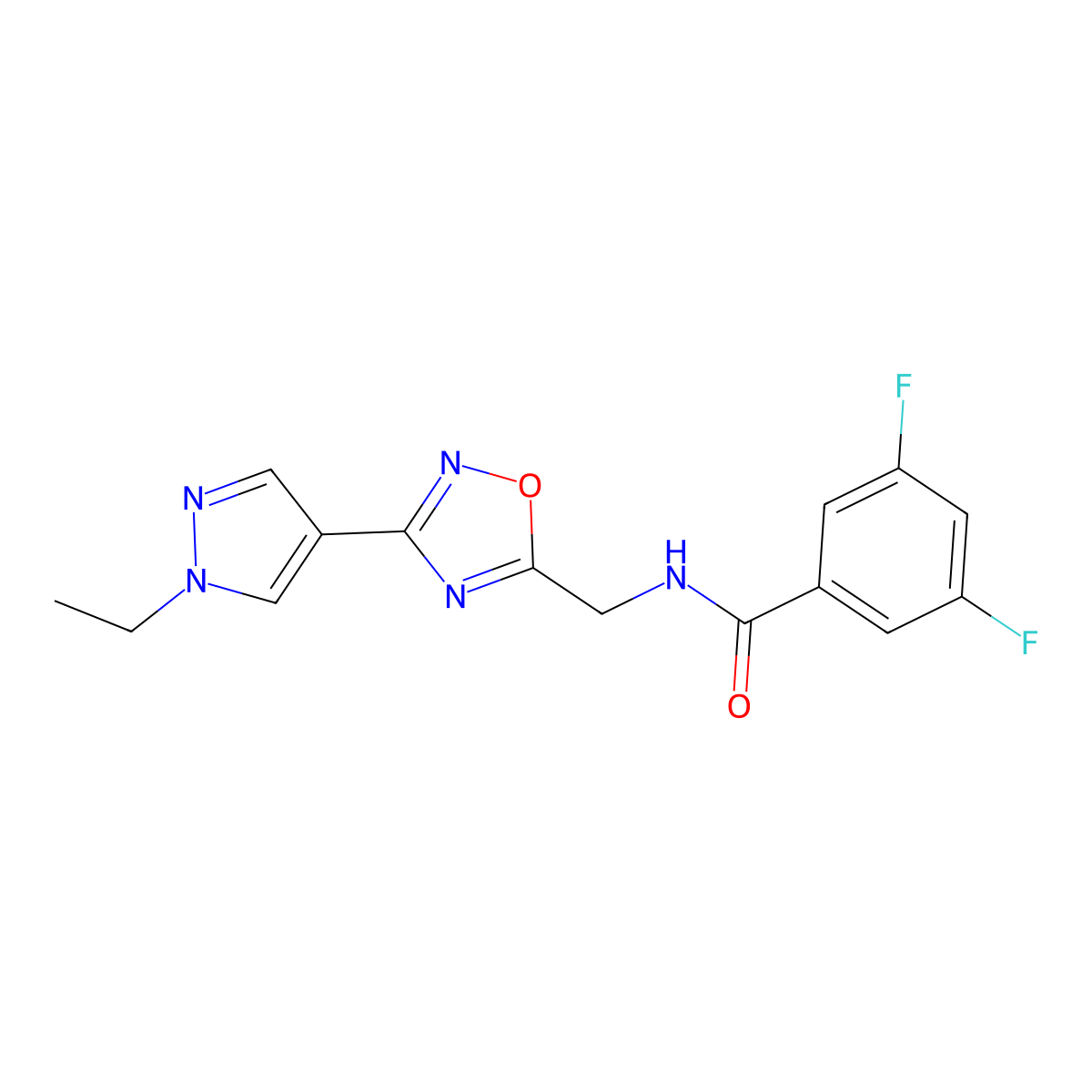 N-((3-(1-ethyl-1H-pyrazol-4-yl)-1,2,4-oxadiazol-5-yl)methyl)-3,5-difluorobenzamide molecular structure, CAS 2034229-71-3
