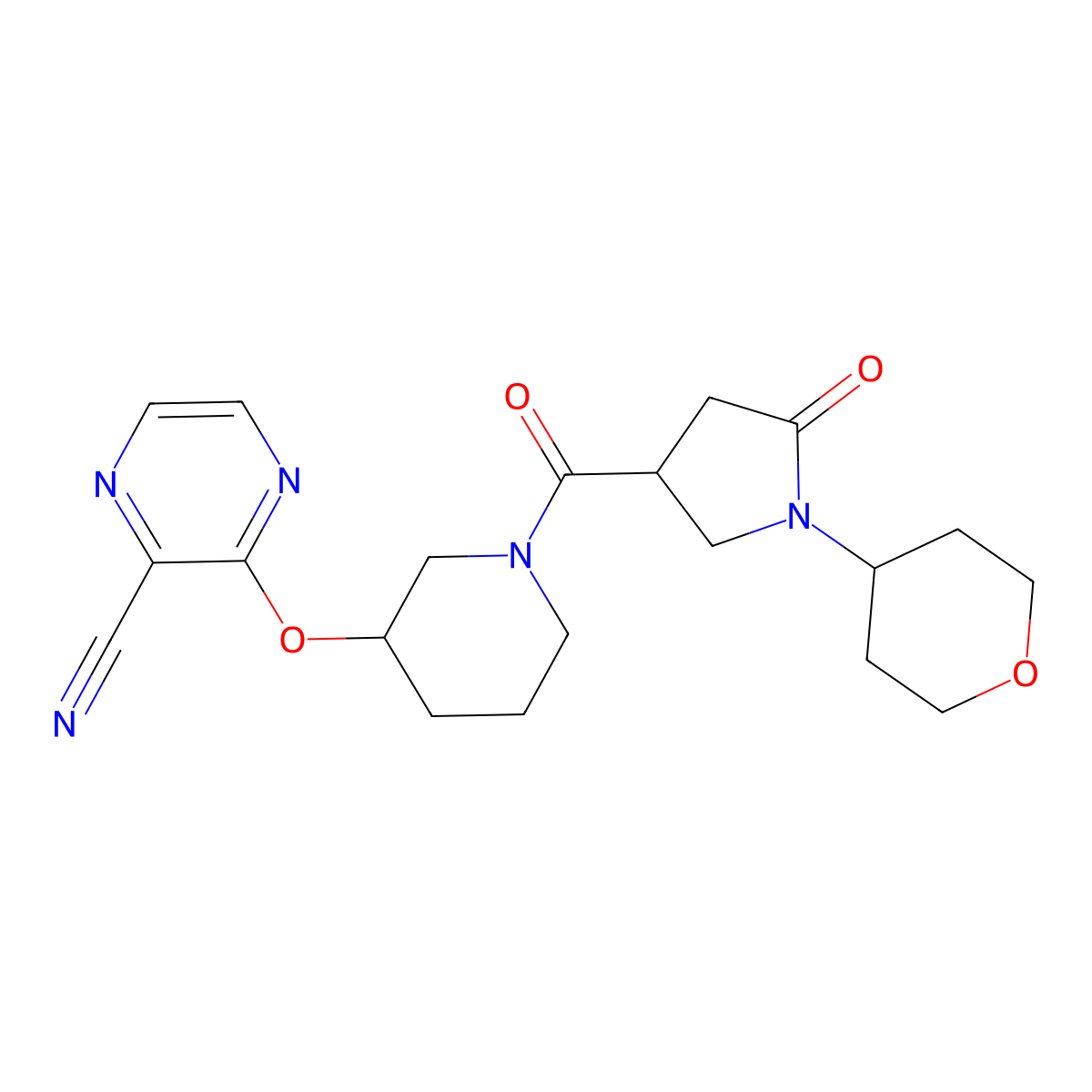3-((1-(5-oxo-1-(tetrahydro-2H-pyran-4-yl)pyrrolidine-3-carbonyl)piperidin-3-yl)oxy)pyrazine-2-carbonitrile molecular structure, CAS 2034229-78-0