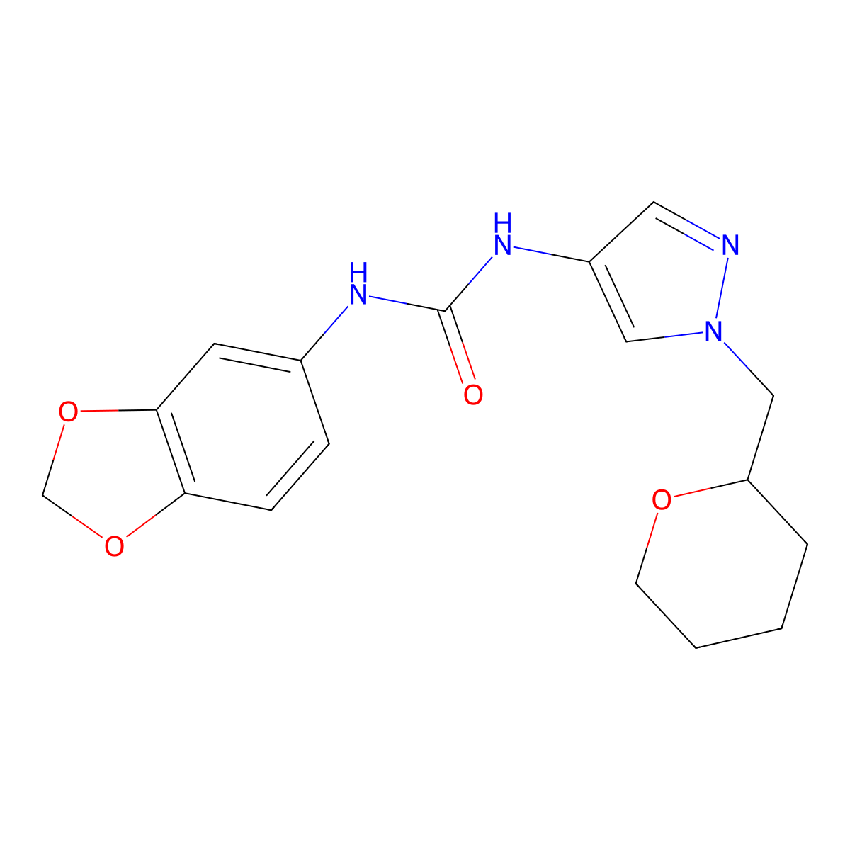 1-(benzo[d][1,3]dioxol-5-yl)-3-(1-((tetrahydro-2H-pyran-2-yl)methyl)-1H-pyrazol-4-yl)urea molecular structure, CAS 2034229-79-1