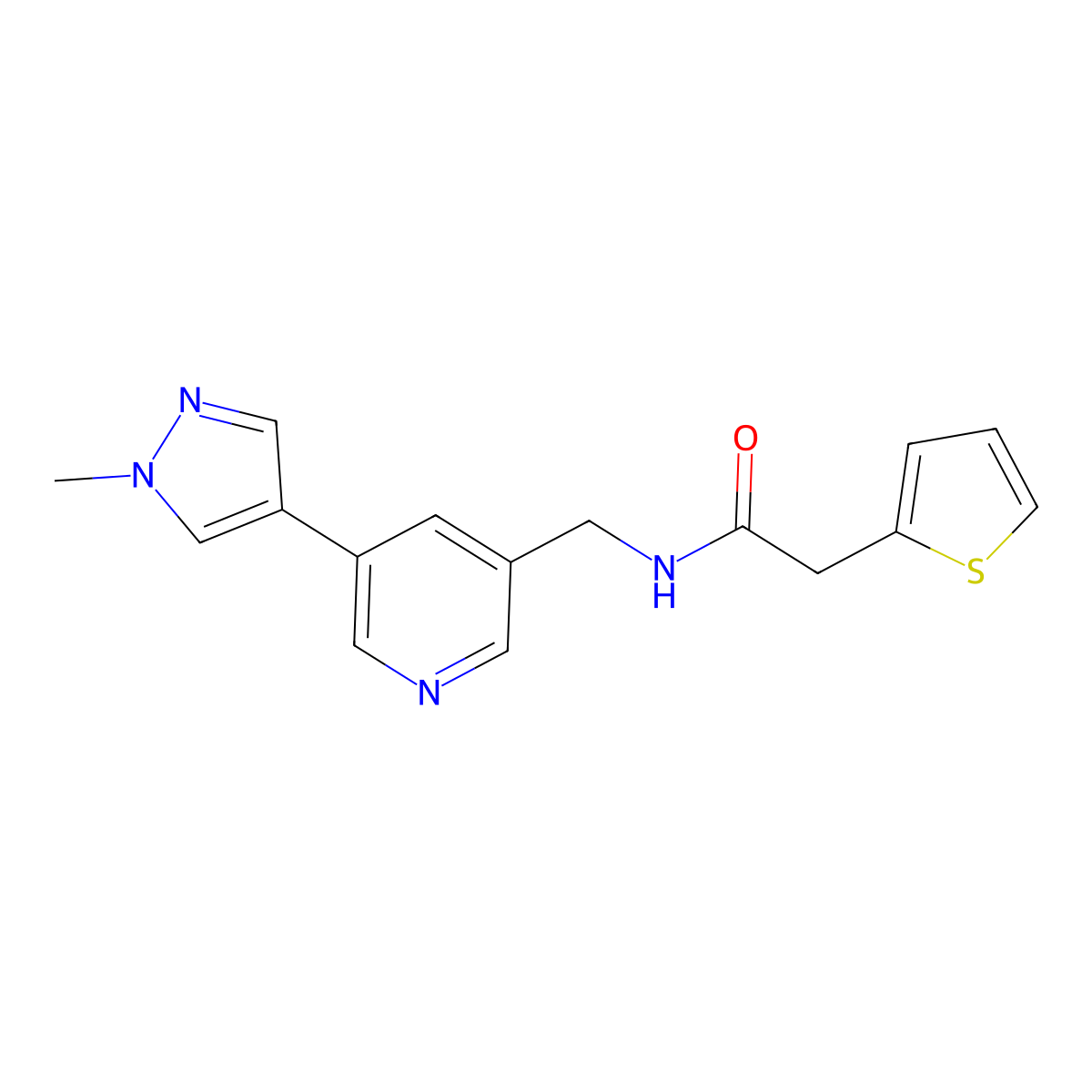 N-((5-(1-methyl-1H-pyrazol-4-yl)pyridin-3-yl)methyl)-2-(thiophen-2-yl)acetamide molecular structure, CAS 2034229-81-5