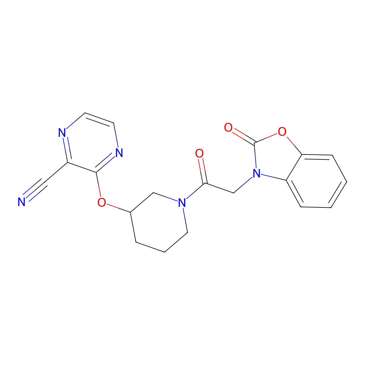 3-((1-(2-(2-oxobenzo[d]oxazol-3(2H)-yl)acetyl)piperidin-3-yl)oxy)pyrazine-2-carbonitrile molecular structure, CAS 2034229-84-8