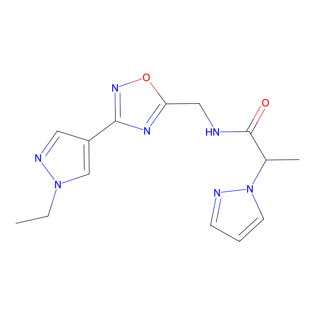 N-((3-(1-ethyl-1H-pyrazol-4-yl)-1,2,4-oxadiazol-5-yl)methyl)-2-(1H-pyrazol-1-yl)propanamide molecular structure, CAS 2034229-86-0