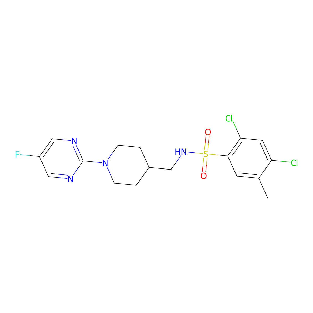 2,4-dichloro-N-((1-(5-fluoropyrimidin-2-yl)piperidin-4-yl)methyl)-5-methylbenzenesulfonamide molecular structure, CAS 2034229-87-1