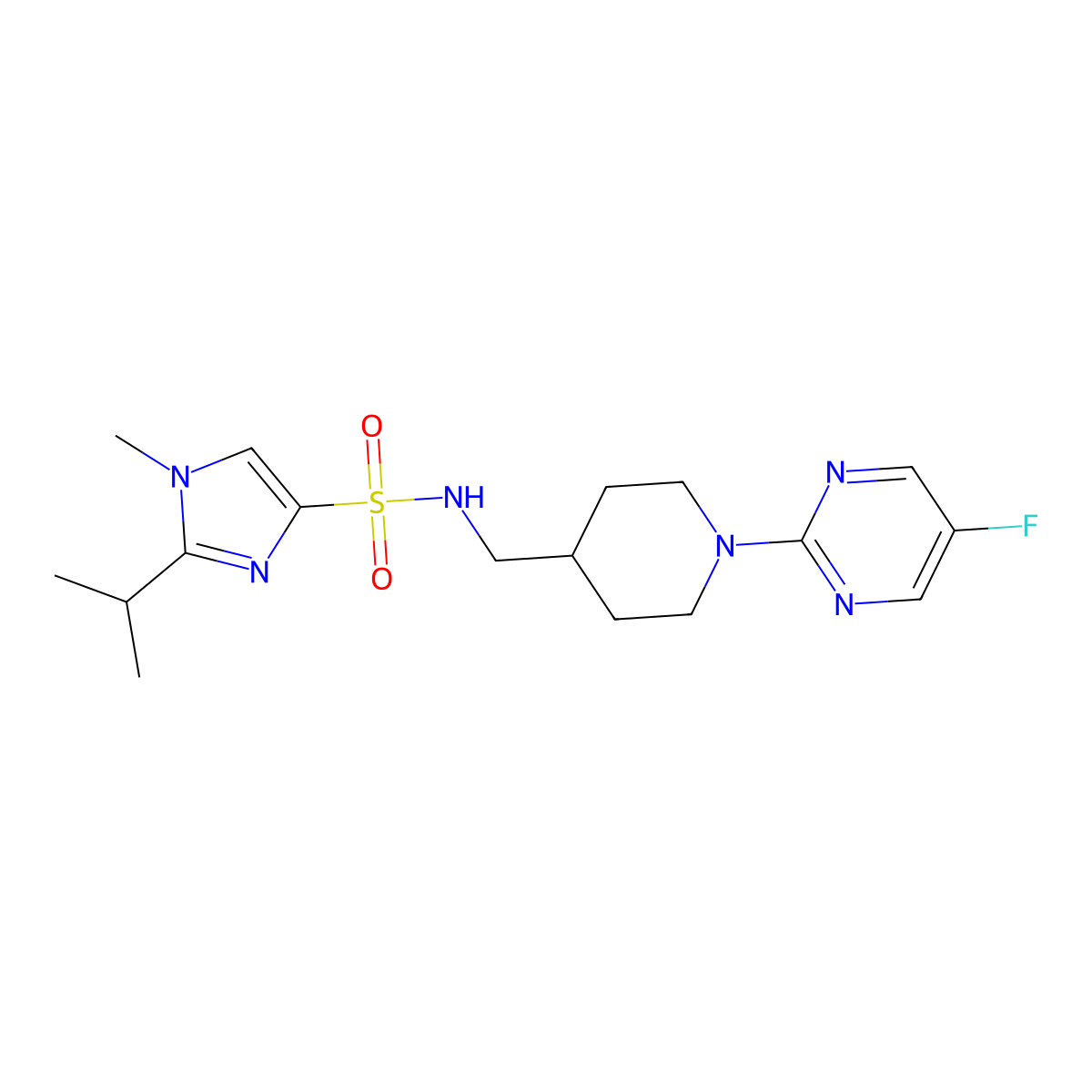 N-((1-(5-fluoropyrimidin-2-yl)piperidin-4-yl)methyl)-2-isopropyl-1-methyl-1H-imidazole-4-sulfonamide molecular structure, CAS 2034229-91-7