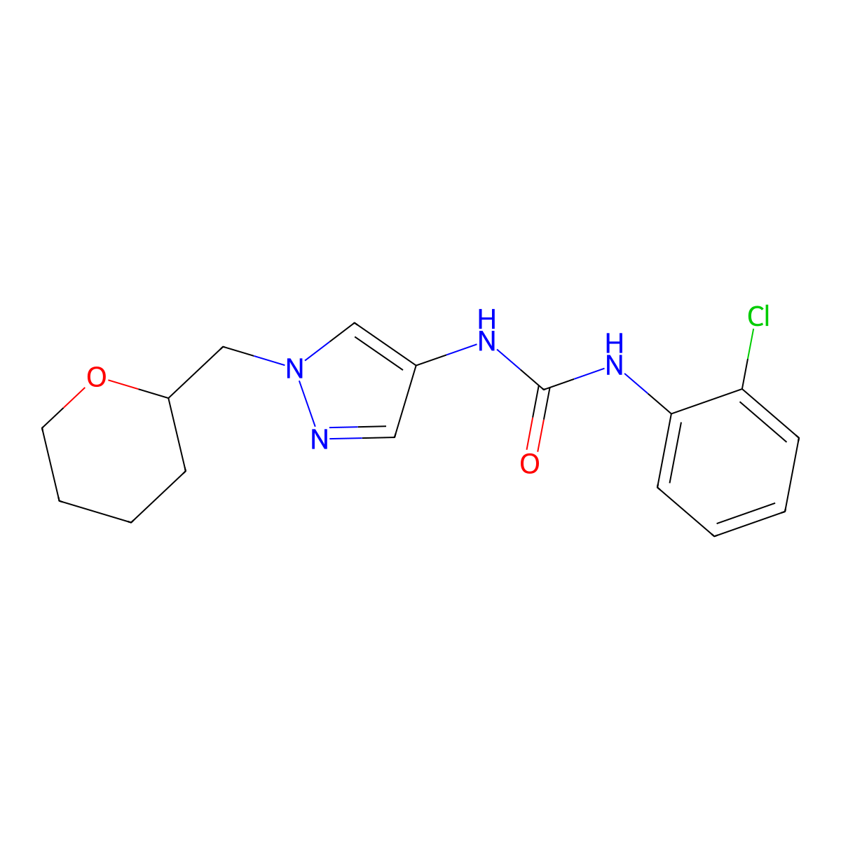 1-(2-chlorophenyl)-3-(1-((tetrahydro-2H-pyran-2-yl)methyl)-1H-pyrazol-4-yl)urea molecular structure, CAS 2034229-93-9