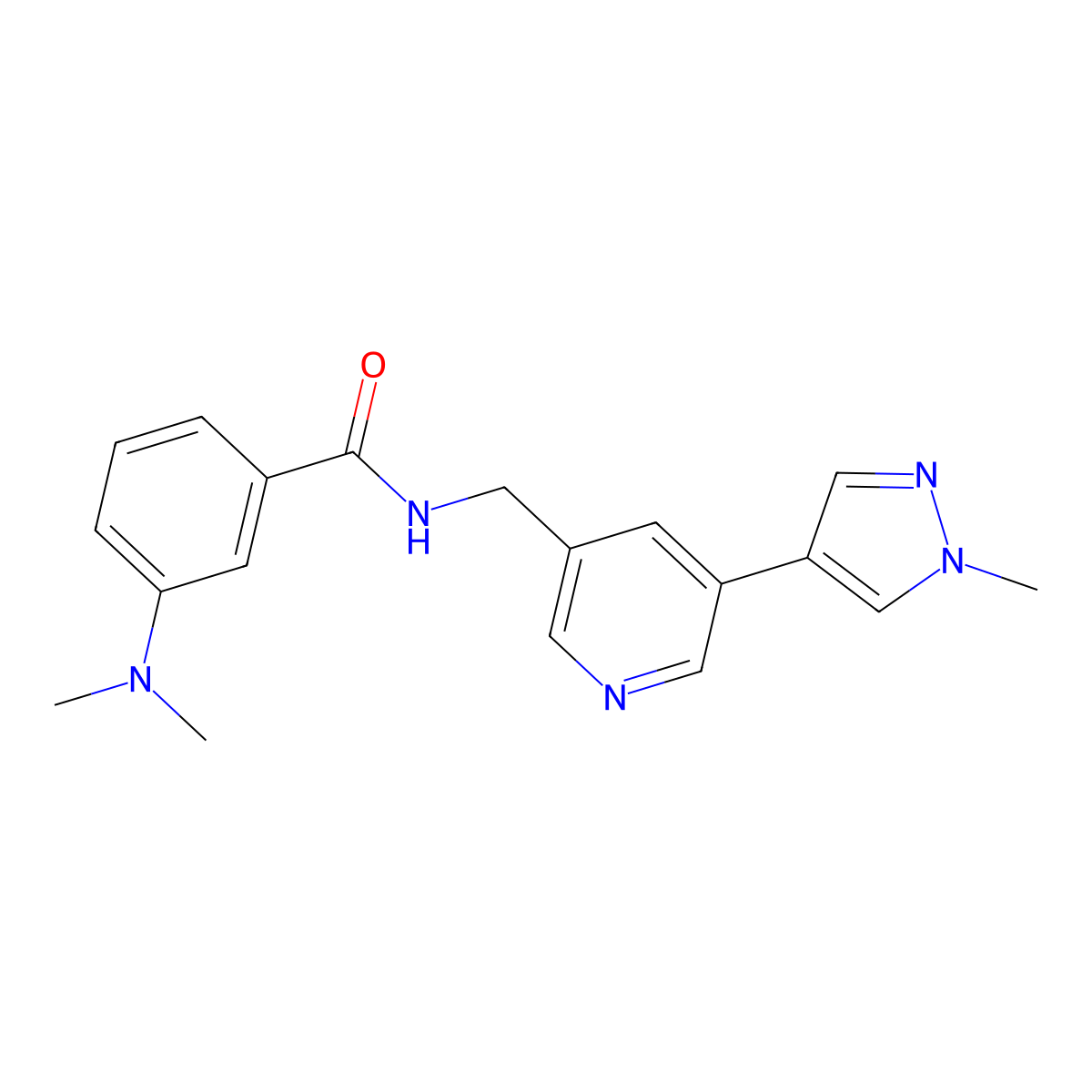 3-(dimethylamino)-N-((5-(1-methyl-1H-pyrazol-4-yl)pyridin-3-yl)methyl)benzamide molecular structure, CAS 2034229-94-0