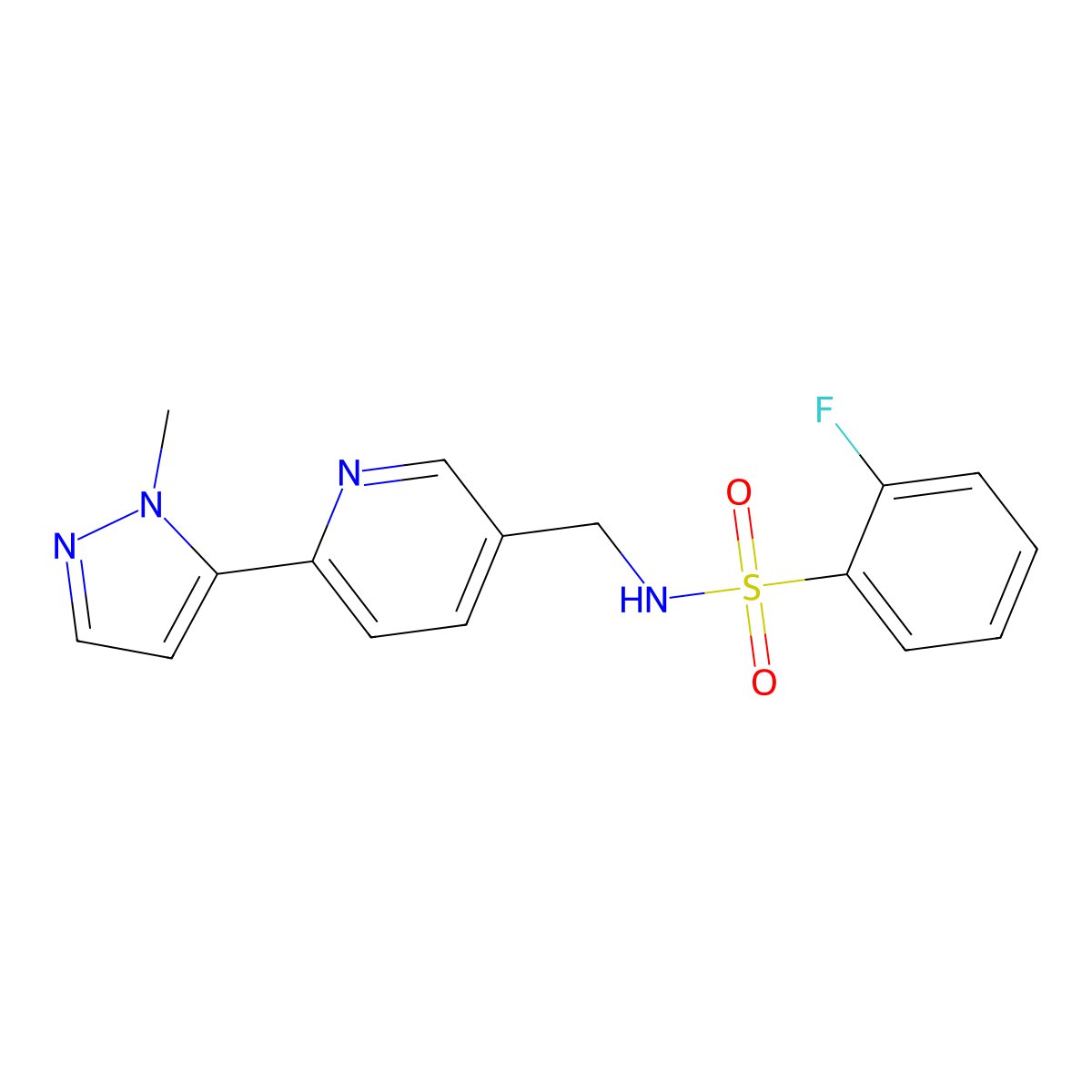2-fluoro-N-((6-(1-methyl-1H-pyrazol-5-yl)pyridin-3-yl)methyl)benzenesulfonamide molecular structure, CAS 2034229-95-1