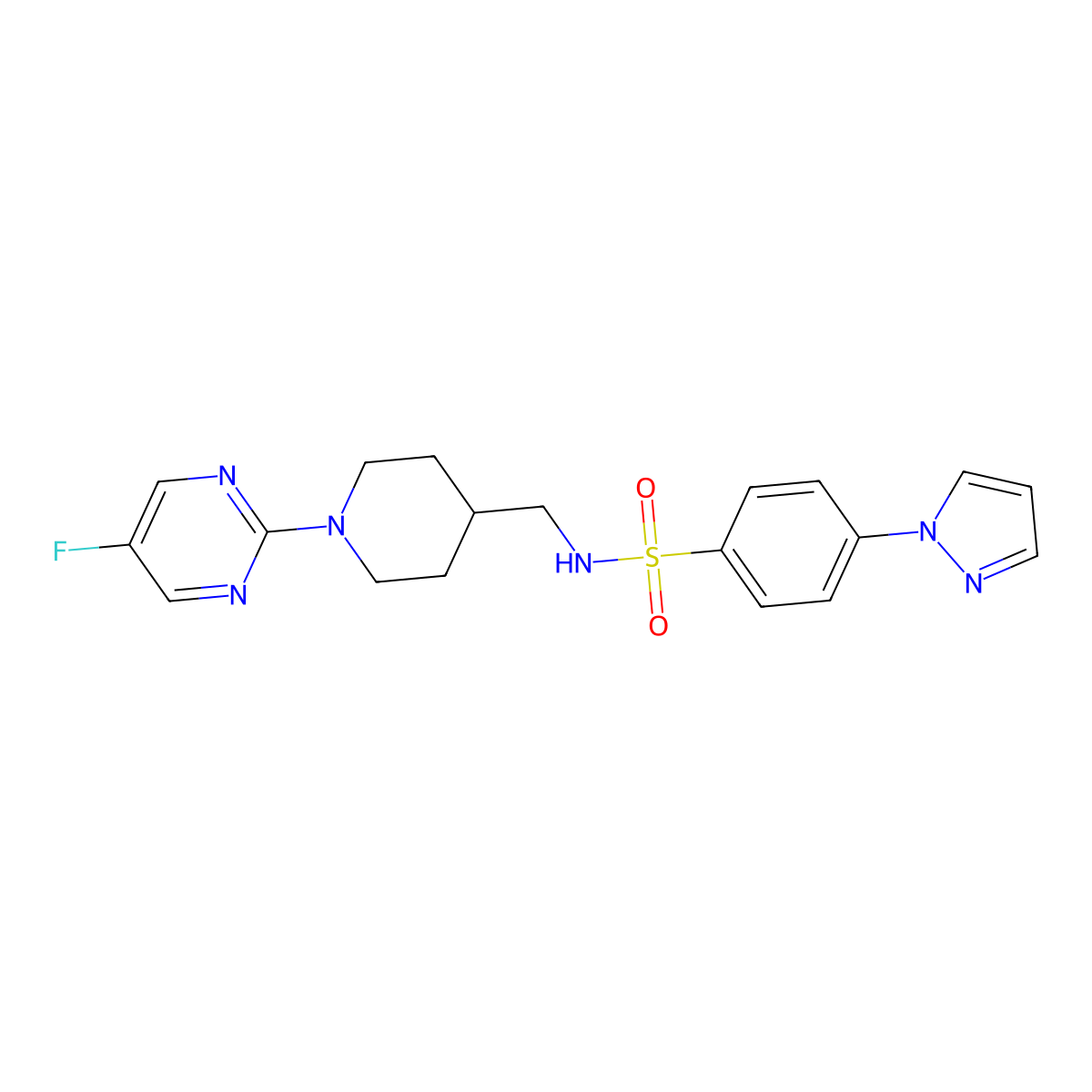 N-((1-(5-fluoropyrimidin-2-yl)piperidin-4-yl)methyl)-4-(1H-pyrazol-1-yl)benzenesulfonamide molecular structure, CAS 2034229-96-2