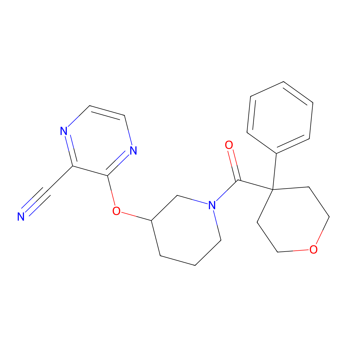 3-((1-(4-phenyltetrahydro-2H-pyran-4-carbonyl)piperidin-3-yl)oxy)pyrazine-2-carbonitrile molecular structure, CAS 2034229-98-4