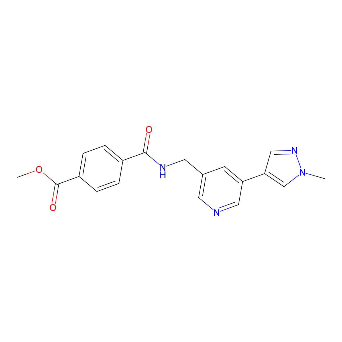 methyl 4-({[5-(1-methyl-1H-pyrazol-4-yl)pyridin-3-yl]methyl}carbamoyl)benzoate molecular structure, CAS 2034229-99-5