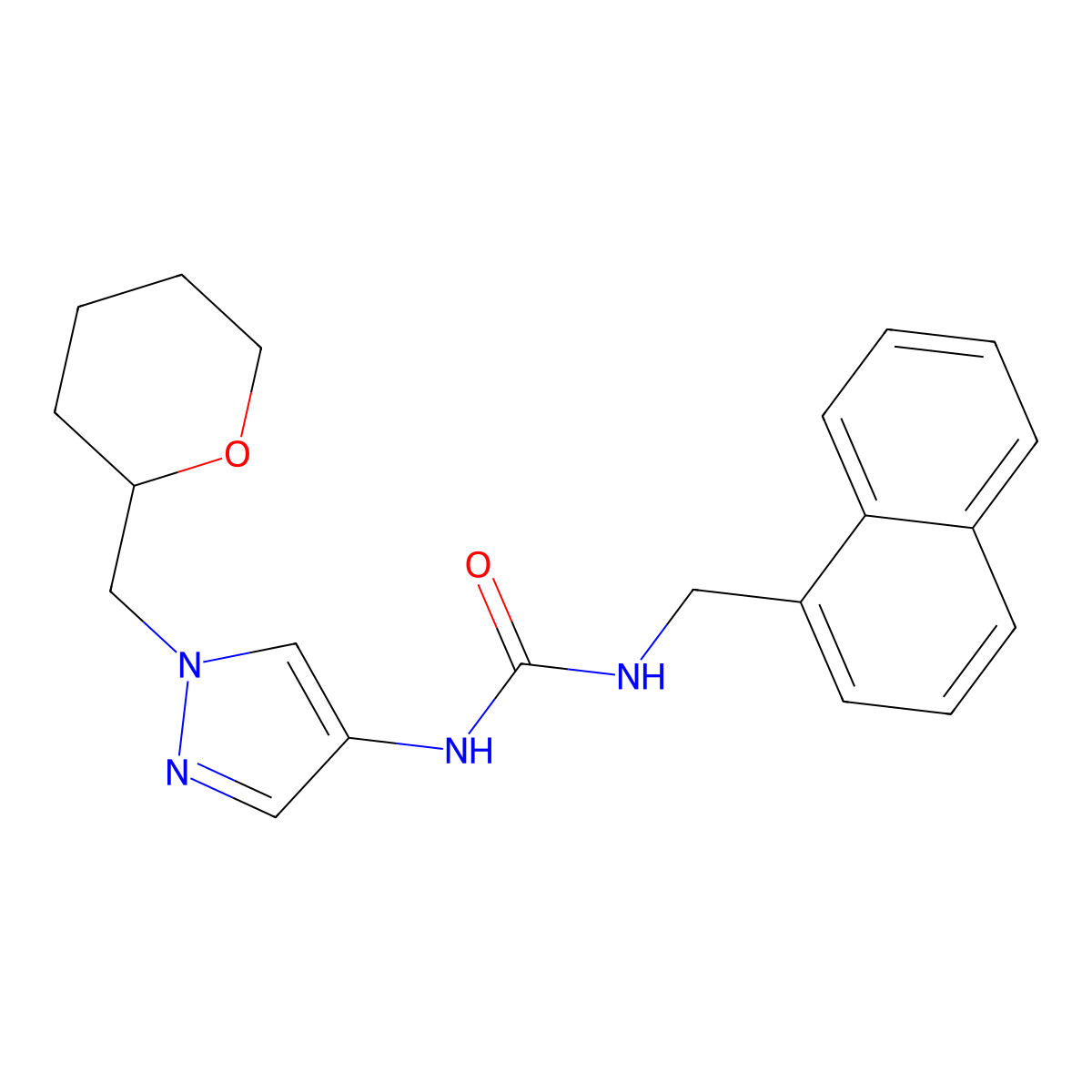 1-(naphthalen-1-ylmethyl)-3-(1-((tetrahydro-2H-pyran-2-yl)methyl)-1H-pyrazol-4-yl)urea molecular structure, CAS 2034230-00-5