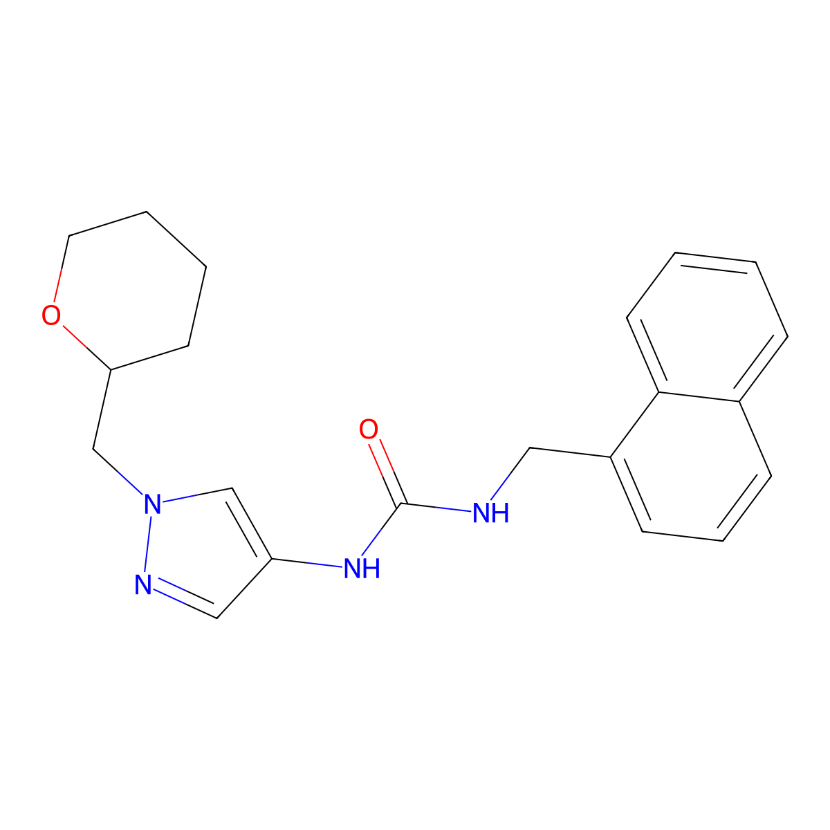 1-(naphthalen-1-ylmethyl)-3-(1-((tetrahydro-2H-pyran-2-yl)methyl)-1H-pyrazol-4-yl)urea molecular structure, CAS 2034230-00-5