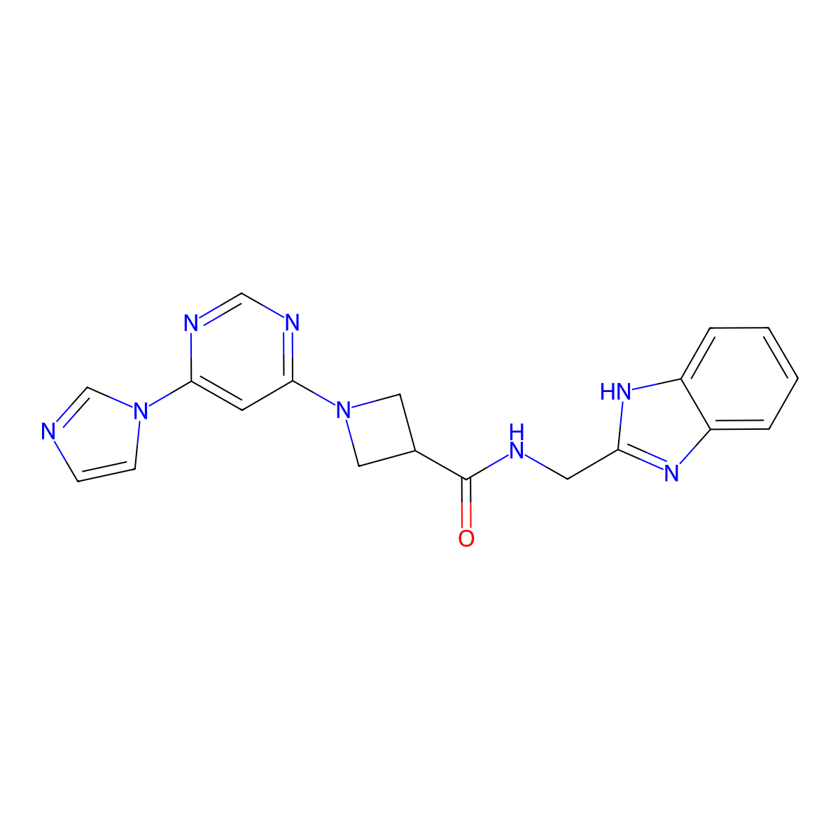 N-((1H-benzo[d]imidazol-2-yl)methyl)-1-(6-(1H-imidazol-1-yl)pyrimidin-4-yl)azetidine-3-carboxamide molecular structure, CAS 2034230-01-6