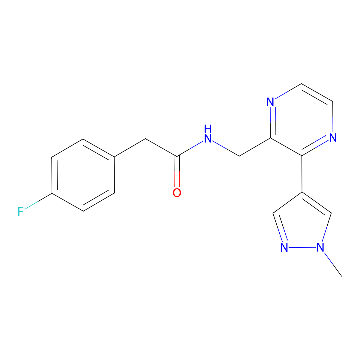 2-(4-fluorophenyl)-N-{[3-(1-methyl-1H-pyrazol-4-yl)pyrazin-2-yl]methyl}acetamide molecular structure, CAS 2034230-04-9
