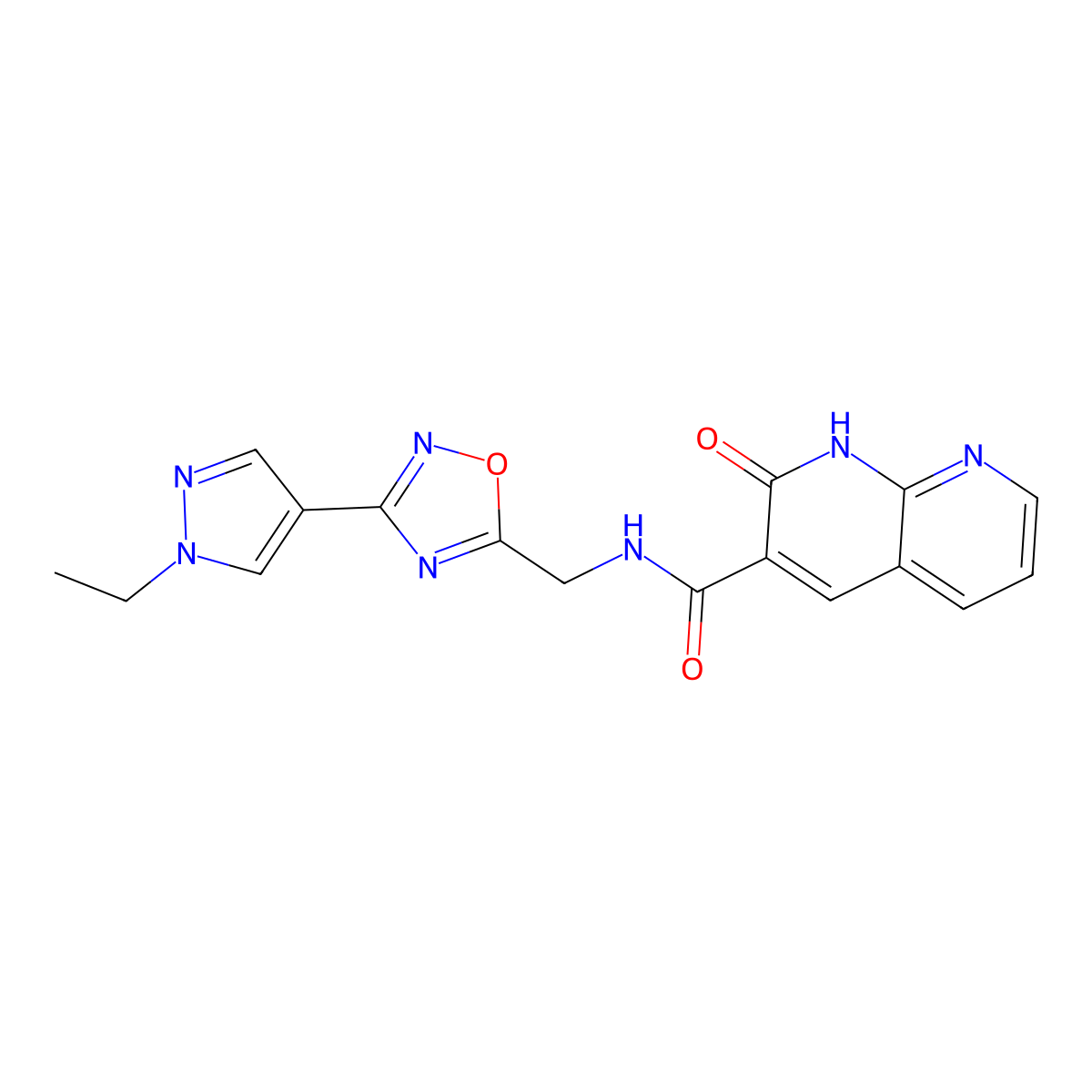N-((3-(1-ethyl-1H-pyrazol-4-yl)-1,2,4-oxadiazol-5-yl)methyl)-2-oxo-1,2-dihydro-1,8-naphthyridine-3-carboxamide molecular structure, CAS 2034230-08-3
