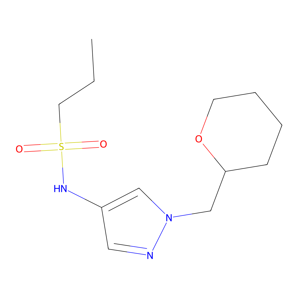 N-(1-((tetrahydro-2H-pyran-2-yl)methyl)-1H-pyrazol-4-yl)propane-1-sulfonamide molecular structure, CAS 2034230-10-7