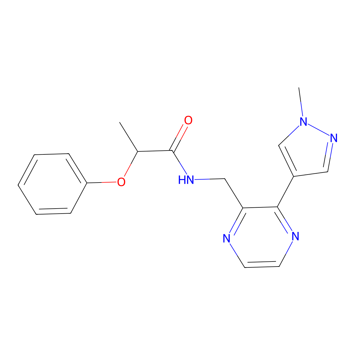N-((3-(1-methyl-1H-pyrazol-4-yl)pyrazin-2-yl)methyl)-2-phenoxypropanamide molecular structure, CAS 2034230-11-8