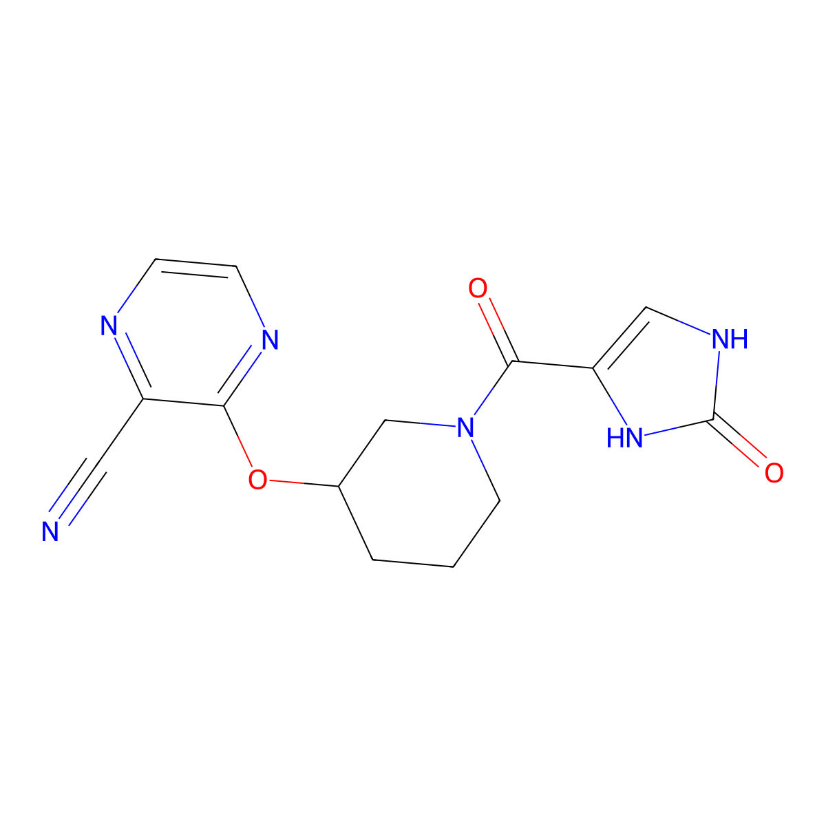 3-((1-(2-oxo-2,3-dihydro-1H-imidazole-4-carbonyl)piperidin-3-yl)oxy)pyrazine-2-carbonitrile molecular structure, CAS 2034230-12-9