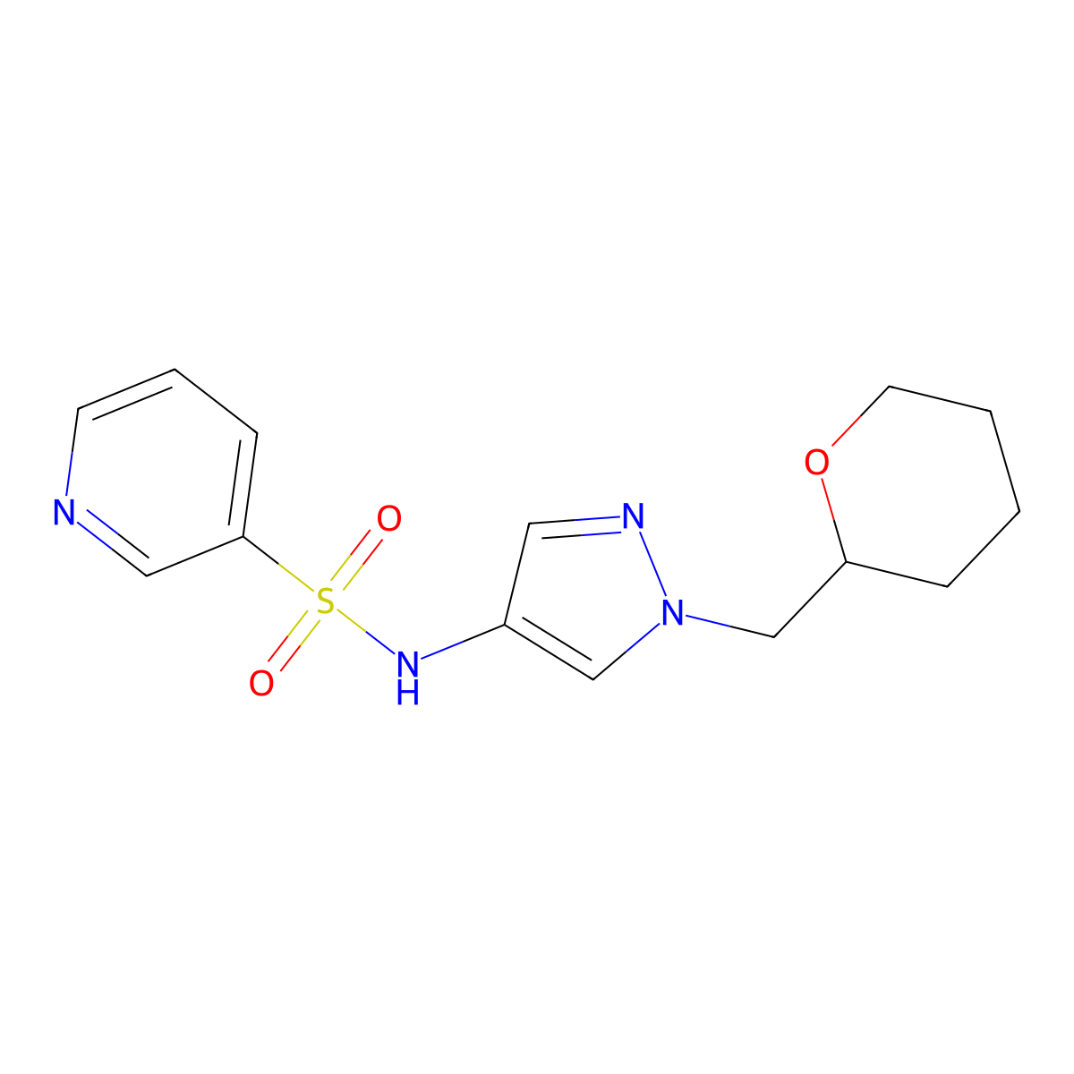 N-(1-((tetrahydro-2H-pyran-2-yl)methyl)-1H-pyrazol-4-yl)pyridine-3-sulfonamide molecular structure, CAS 2034230-14-1