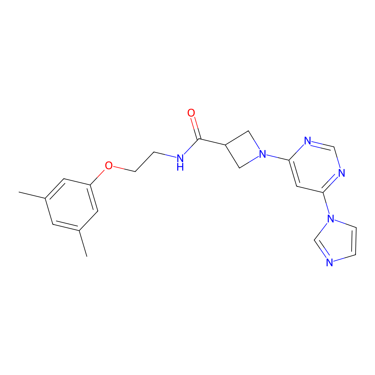 1-(6-(1H-imidazol-1-yl)pyrimidin-4-yl)-N-(2-(3,5-dimethylphenoxy)ethyl)azetidine-3-carboxamide molecular structure, CAS 2034230-15-2