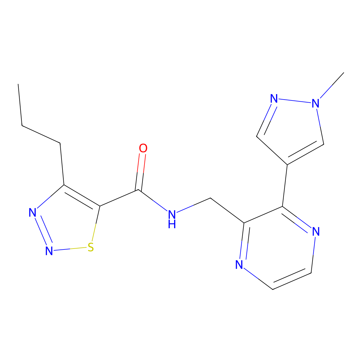 N-((3-(1-methyl-1H-pyrazol-4-yl)pyrazin-2-yl)methyl)-4-propyl-1,2,3-thiadiazole-5-carboxamide molecular structure, CAS 2034230-19-6