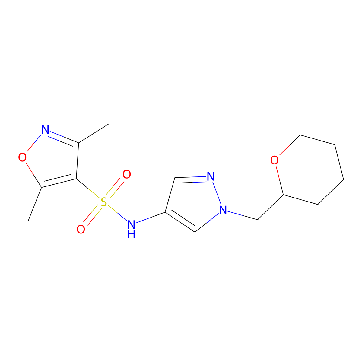 3,5-dimethyl-N-(1-((tetrahydro-2H-pyran-2-yl)methyl)-1H-pyrazol-4-yl)isoxazole-4-sulfonamide molecular structure, CAS 2034230-20-9