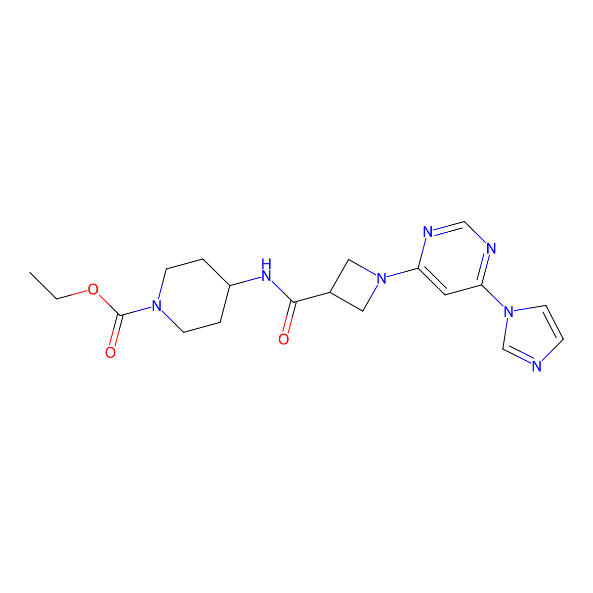 ethyl 4-(1-(6-(1H-imidazol-1-yl)pyrimidin-4-yl)azetidine-3-carboxamido)piperidine-1-carboxylate molecular structure, CAS 2034230-23-2