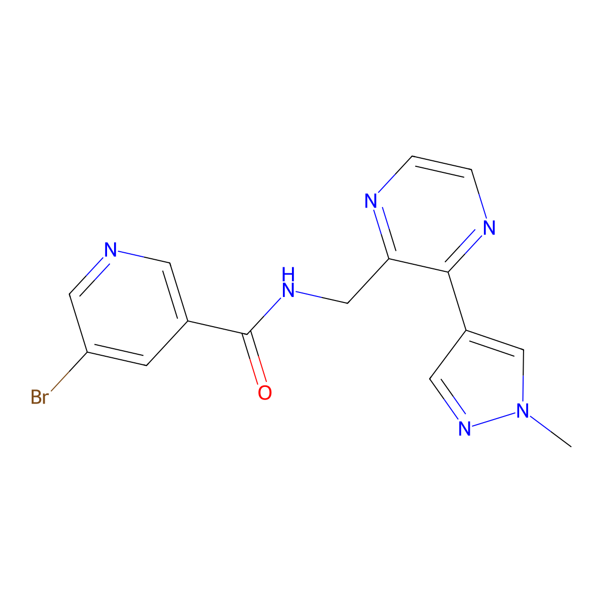 5-bromo-N-((3-(1-methyl-1H-pyrazol-4-yl)pyrazin-2-yl)methyl)nicotinamide molecular structure, CAS 2034230-25-4