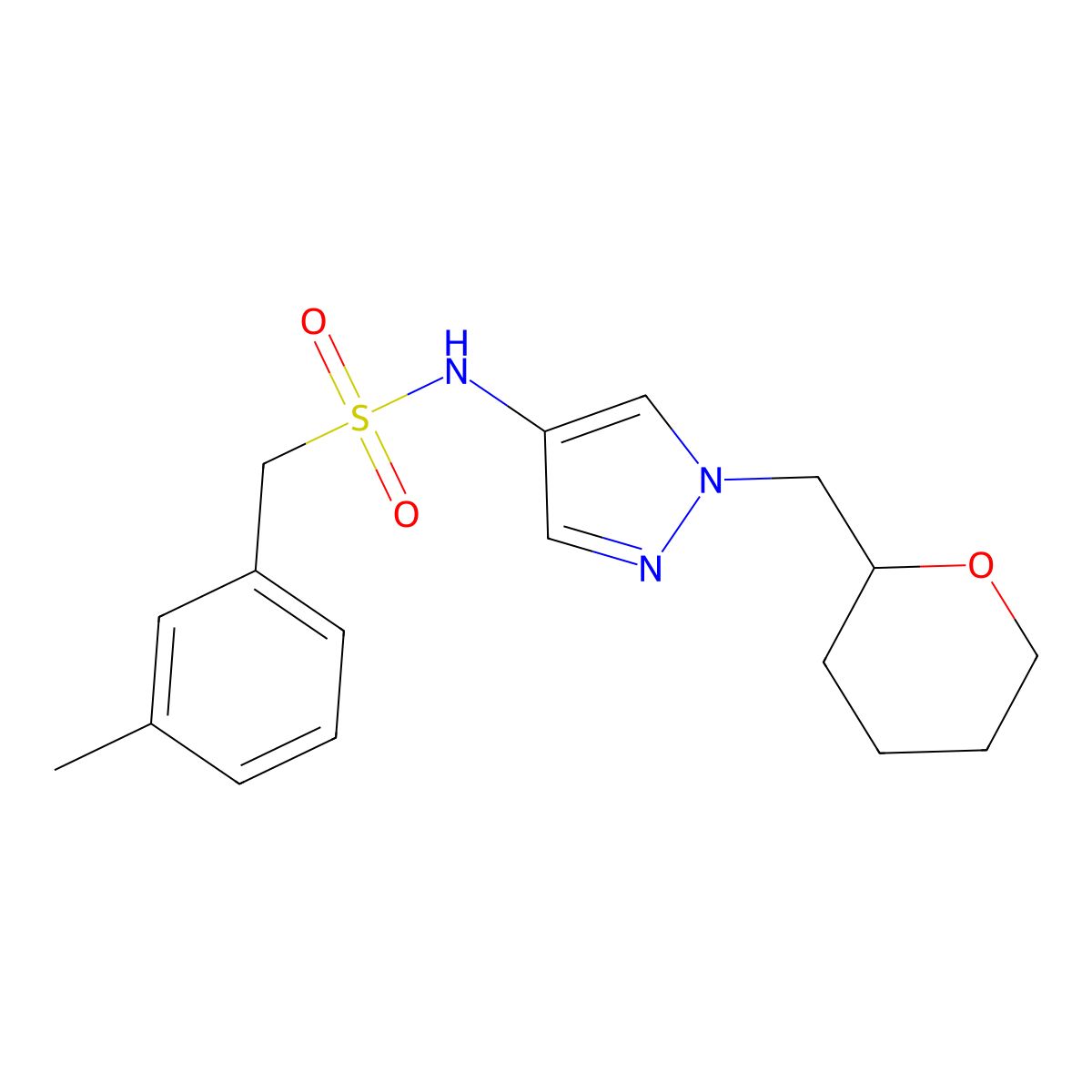 N-(1-((tetrahydro-2H-pyran-2-yl)methyl)-1H-pyrazol-4-yl)-1-(m-tolyl)methanesulfonamide molecular structure, CAS 2034230-26-5