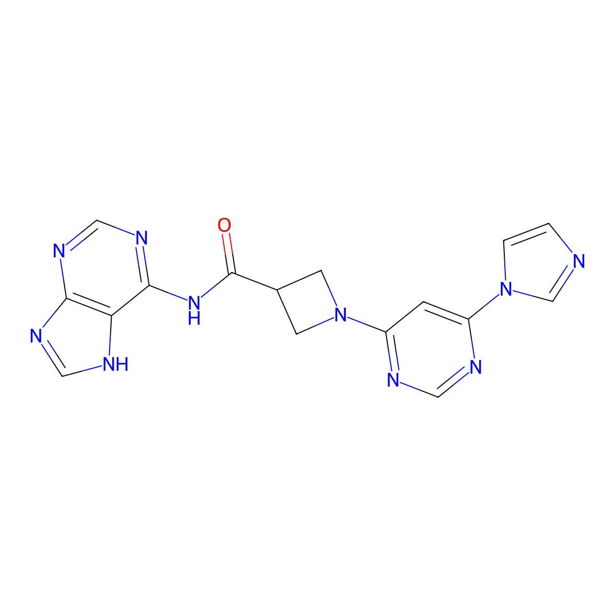 1-[6-(1H-imidazol-1-yl)pyrimidin-4-yl]-N-(9H-purin-6-yl)azetidine-3-carboxamide molecular structure, CAS 2034230-27-6
