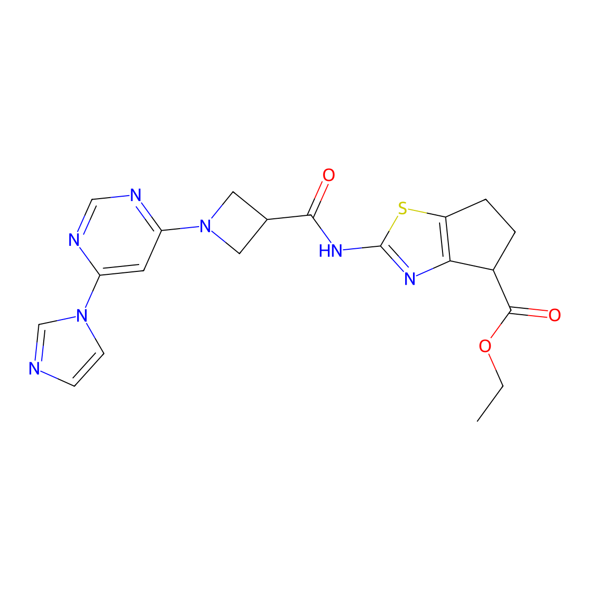 ethyl 2-(1-(6-(1H-imidazol-1-yl)pyrimidin-4-yl)azetidine-3-carboxamido)-5,6-dihydro-4H-cyclopenta[d]thiazole-4-carboxylate molecular structure, CAS 2034230-32-3