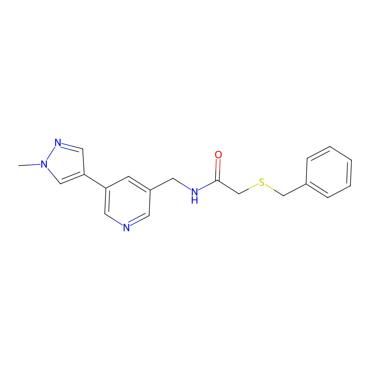 2-(benzylthio)-N-((5-(1-methyl-1H-pyrazol-4-yl)pyridin-3-yl)methyl)acetamide molecular structure, CAS 2034230-43-6