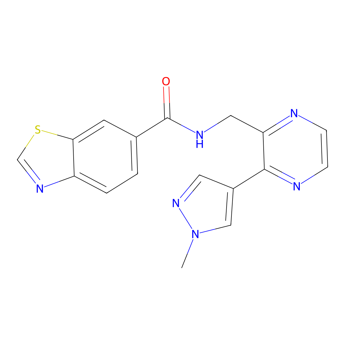 N-((3-(1-methyl-1H-pyrazol-4-yl)pyrazin-2-yl)methyl)benzo[d]thiazole-6-carboxamide molecular structure, CAS 2034230-45-8