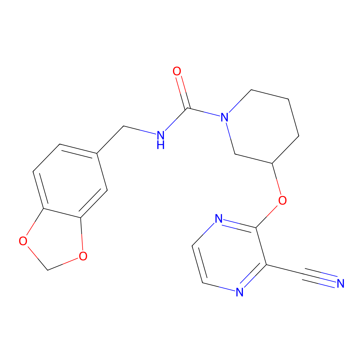 N-(benzo[d][1,3]dioxol-5-ylmethyl)-3-((3-cyanopyrazin-2-yl)oxy)piperidine-1-carboxamide molecular structure, CAS 2034230-52-7