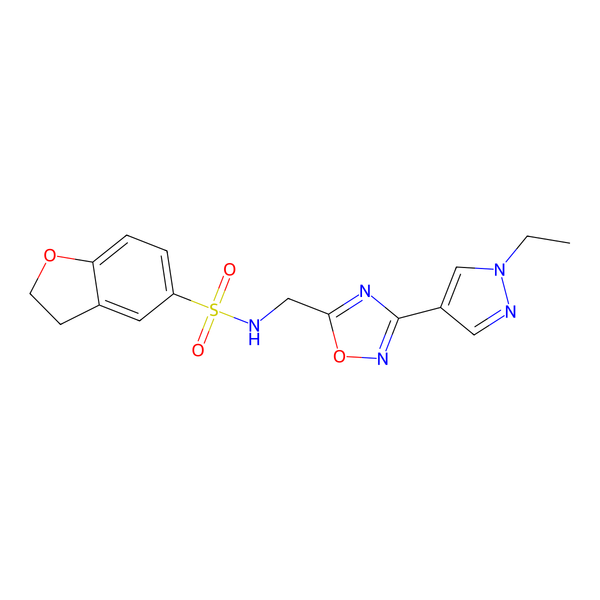 N-((3-(1-ethyl-1H-pyrazol-4-yl)-1,2,4-oxadiazol-5-yl)methyl)-2,3-dihydrobenzofuran-5-sulfonamide molecular structure, CAS 2034230-53-8