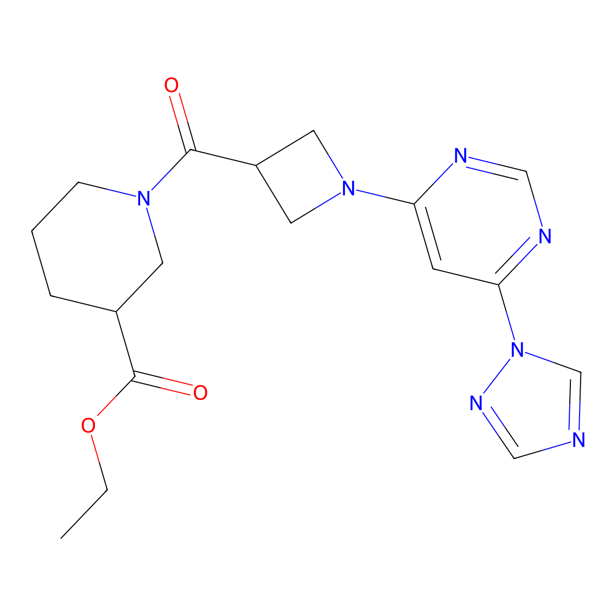 ethyl 1-(1-(6-(1H-1,2,4-triazol-1-yl)pyrimidin-4-yl)azetidine-3-carbonyl)piperidine-3-carboxylate molecular structure, CAS 2034230-54-9