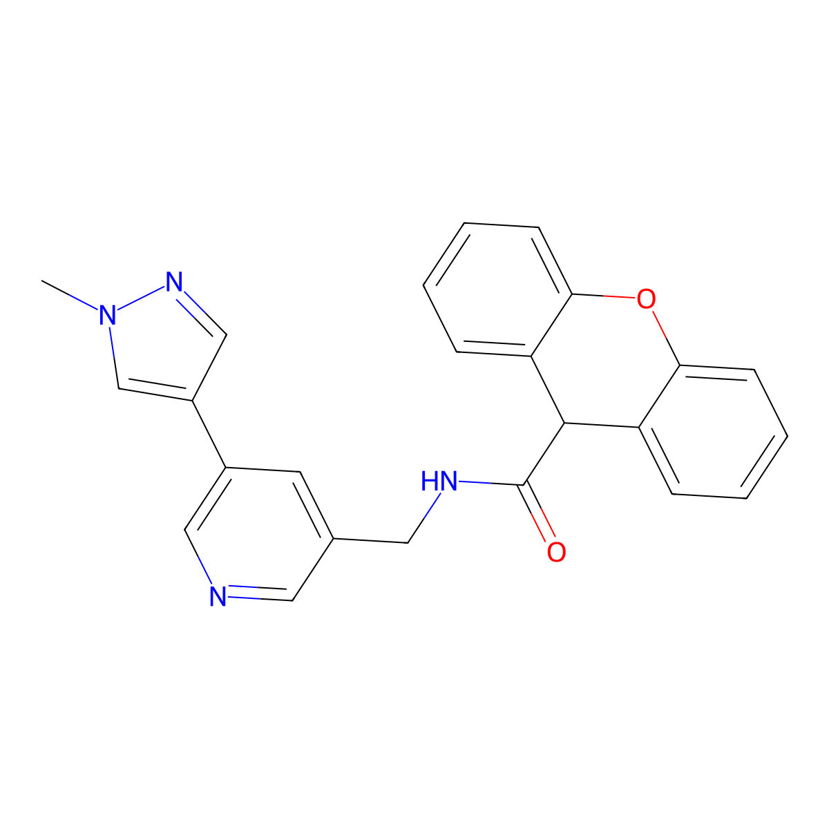 N-((5-(1-methyl-1H-pyrazol-4-yl)pyridin-3-yl)methyl)-9H-xanthene-9-carboxamide molecular structure, CAS 2034230-56-1