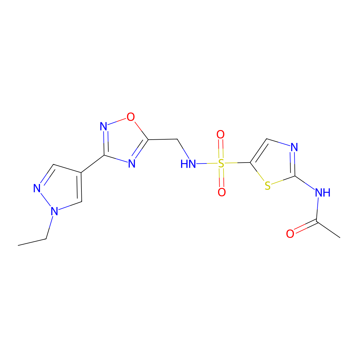 N-(5-(N-((3-(1-ethyl-1H-pyrazol-4-yl)-1,2,4-oxadiazol-5-yl)methyl)sulfamoyl)thiazol-2-yl)acetamide molecular structure, CAS 2034230-58-3