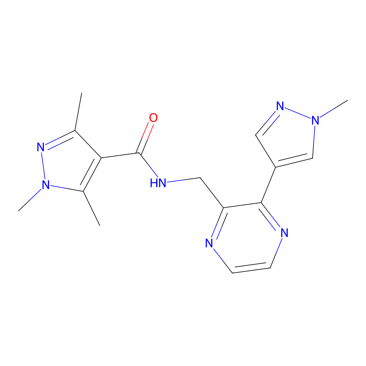 1,3,5-trimethyl-N-{[3-(1-methyl-1H-pyrazol-4-yl)pyrazin-2-yl]methyl}-1H-pyrazole-4-carboxamide molecular structure, CAS 2034230-61-8