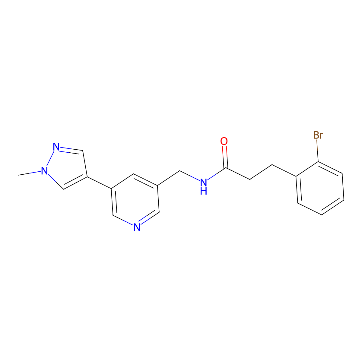 3-(2-bromophenyl)-N-((5-(1-methyl-1H-pyrazol-4-yl)pyridin-3-yl)methyl)propanamide molecular structure, CAS 2034230-63-0
