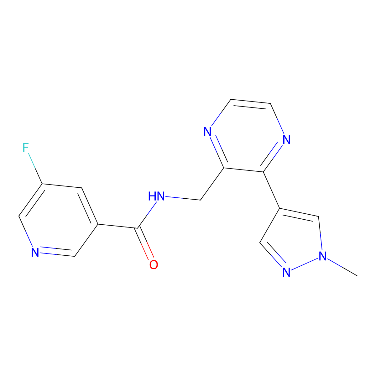 5-fluoro-N-((3-(1-methyl-1H-pyrazol-4-yl)pyrazin-2-yl)methyl)nicotinamide molecular structure, CAS 2034230-64-1
