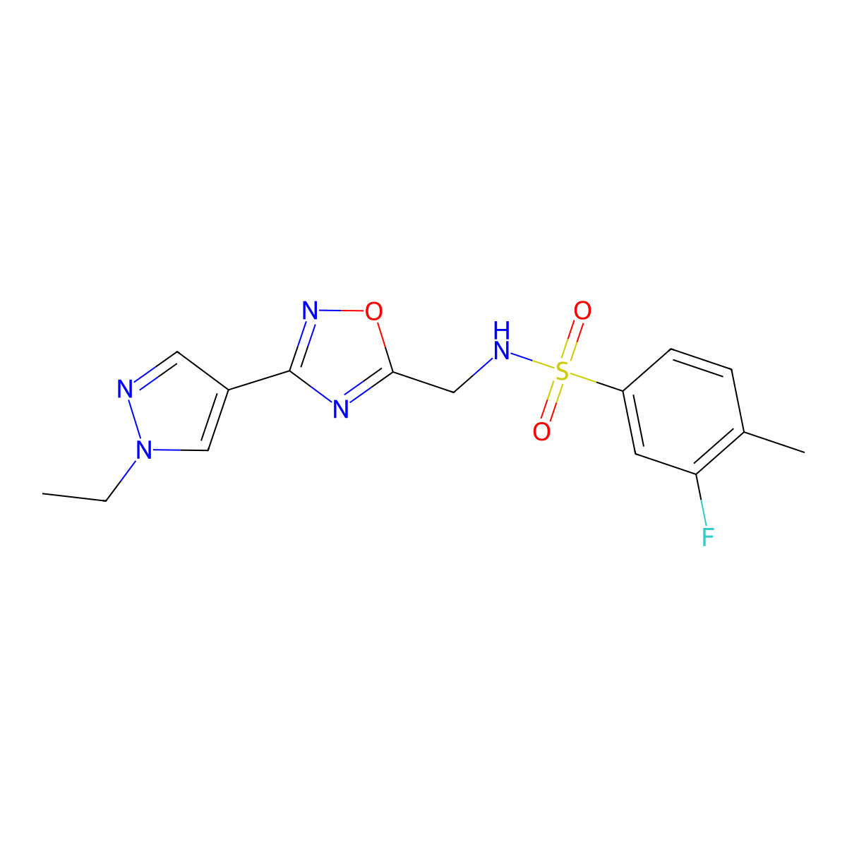 N-((3-(1-ethyl-1H-pyrazol-4-yl)-1,2,4-oxadiazol-5-yl)methyl)-3-fluoro-4-methylbenzenesulfonamide molecular structure, CAS 2034230-67-4