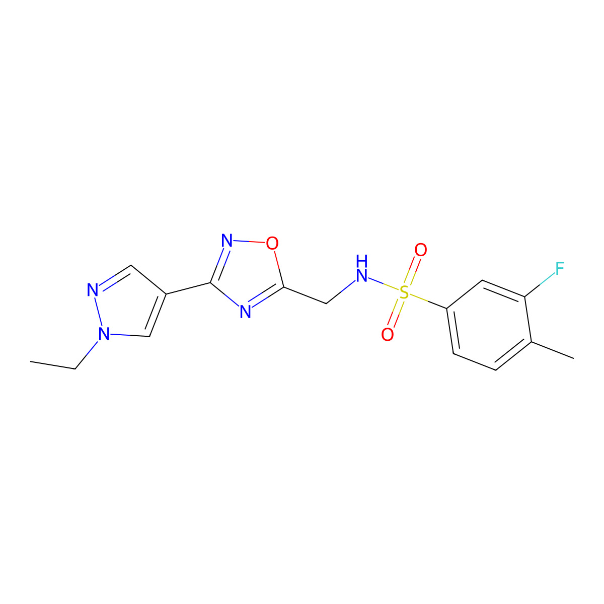 N-((3-(1-ethyl-1H-pyrazol-4-yl)-1,2,4-oxadiazol-5-yl)methyl)-3-fluoro-4-methylbenzenesulfonamide molecular structure, CAS 2034230-67-4